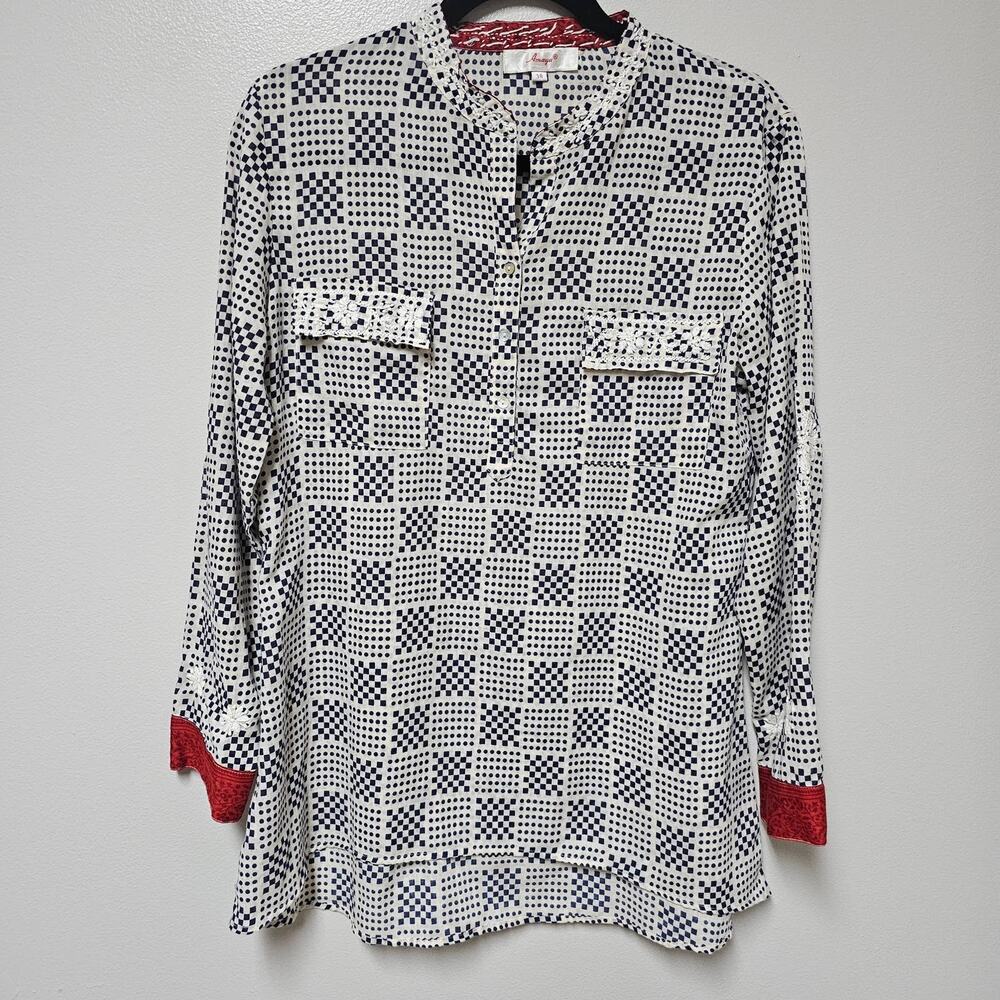 AMAYA Cotton Hand Embroidered Checkered Design Red Cuffs Size 38 (M)